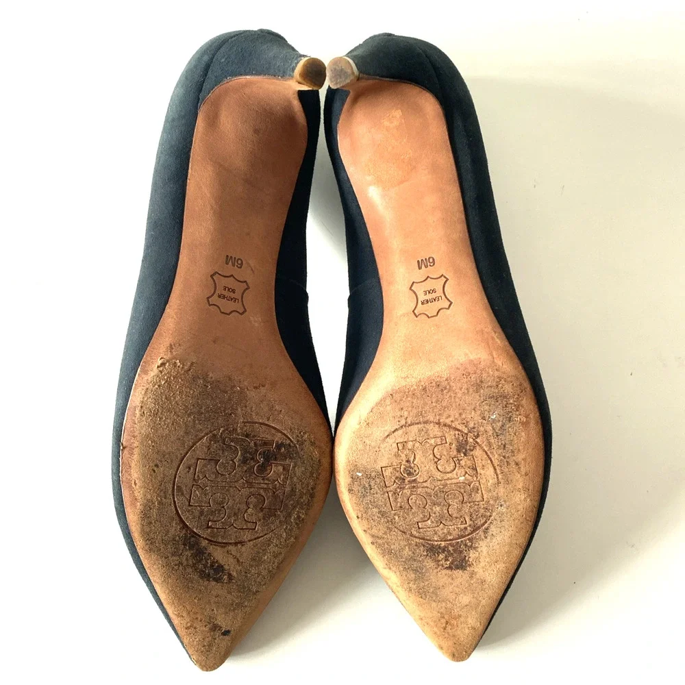 Tory Burch Ivy Low Heel Suede Pump Navy Point Toe Logo Heel Slip On 6 M